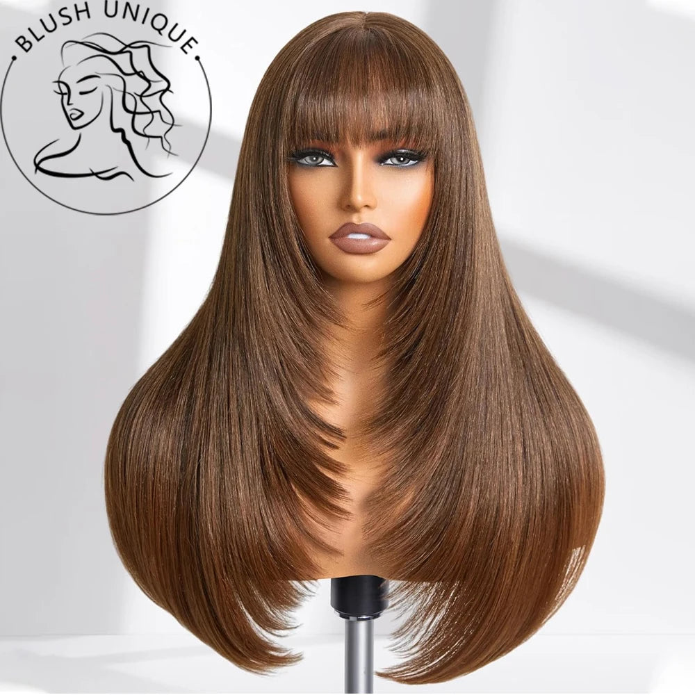Layered Wigs with Bangs Ready to Go Straight Lace Wig with Bangs Synthetic Natural Layers PrePlucked Heat Resistant Glueless Wig