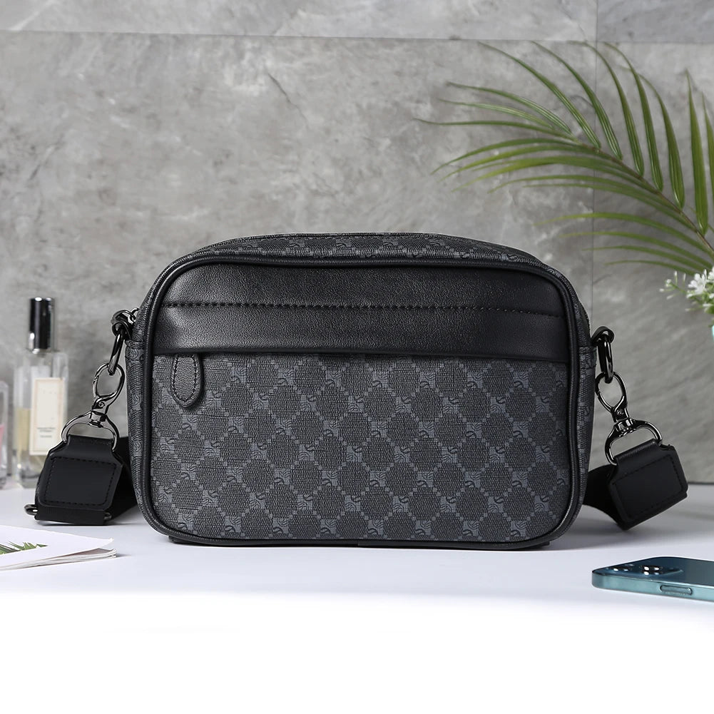 Leather Fashion Crossbody Bag Classic Pattern Casual Business Men Shoulder Crossbody Bag Wide Strap Small Square Male Sling Bags
