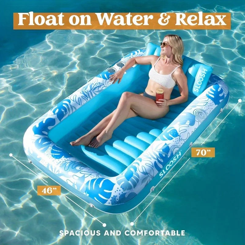 JOYFY 4 in 1 Suntan Tub Raft Floatie Inflatable Tanning Pool 70" x 46" Pool Floats Adult with Pillow for Water Party Gifts