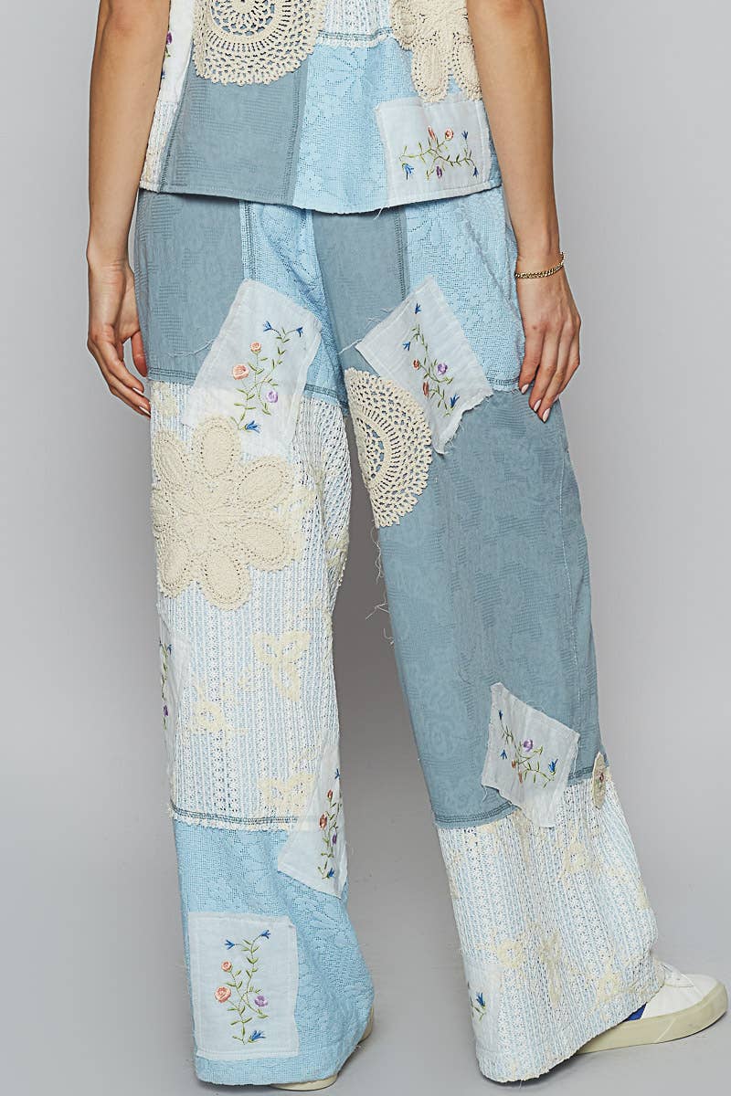 Pol Clothing - Solid Lace Patch Detail Woven Pants