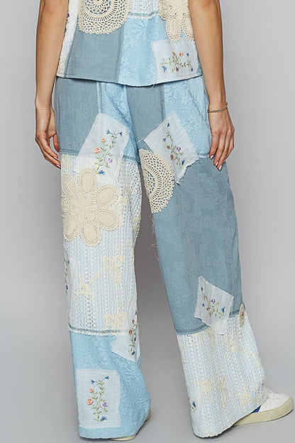 Pol Clothing - Solid Lace Patch Detail Woven Pants