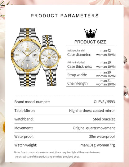 OLEVS 5593 Couple Watch Fashion Business Waterproof Stainless Steel Watch Luxury Brand Classic Date Week Clock Men Women Watch