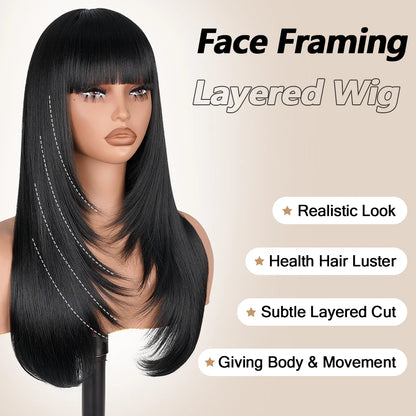 Layered Wigs with Bangs Ready to Go Straight Lace Wig with Bangs Synthetic Natural Layers PrePlucked Heat Resistant Glueless Wig