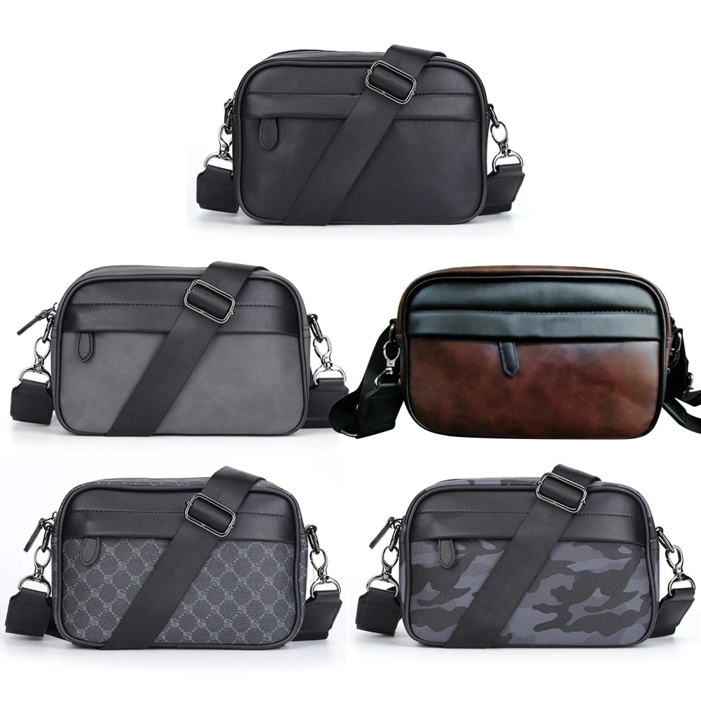 Leather Fashion Crossbody Bag Classic Pattern Casual Business Men Shoulder Crossbody Bag Wide Strap Small Square Male Sling Bags