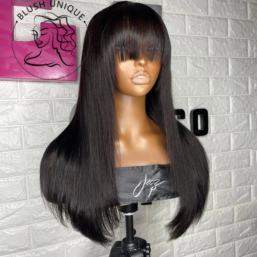 Layered Wigs with Bangs Ready to Go Straight Lace Wig with Bangs Synthetic Natural Layers PrePlucked Heat Resistant Glueless Wig
