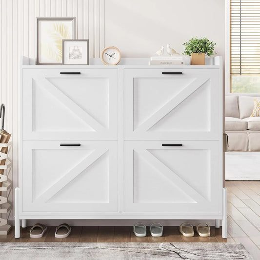Farmhouse Shoe Storage Cabinet with 4 Flip Drawers, Freestanding Shoe Organizer with Adjustable Shelf for Entryway,, Customized