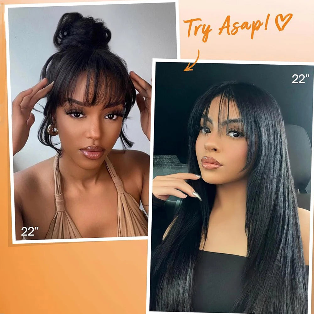Layered Wigs with Bangs Ready to Go Straight Lace Wig with Bangs Synthetic Natural Layers PrePlucked Heat Resistant Glueless Wig