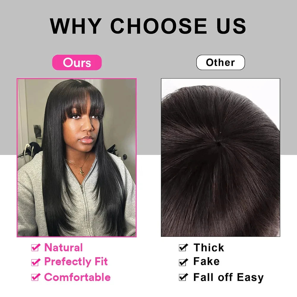 Layered Wigs with Bangs Ready to Go Straight Lace Wig with Bangs Synthetic Natural Layers PrePlucked Heat Resistant Glueless Wig