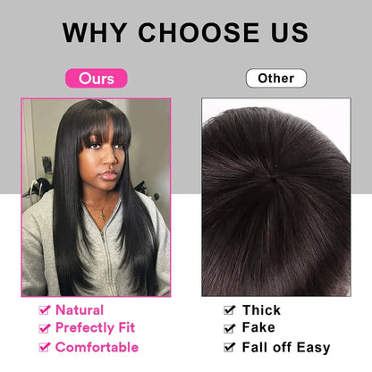 Layered Wigs with Bangs Ready to Go Straight Lace Wig with Bangs Synthetic Natural Layers PrePlucked Heat Resistant Glueless Wig