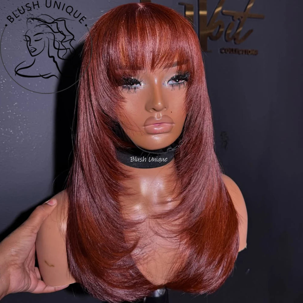 Layered Wigs with Bangs Ready to Go Straight Lace Wig with Bangs Synthetic Natural Layers PrePlucked Heat Resistant Glueless Wig