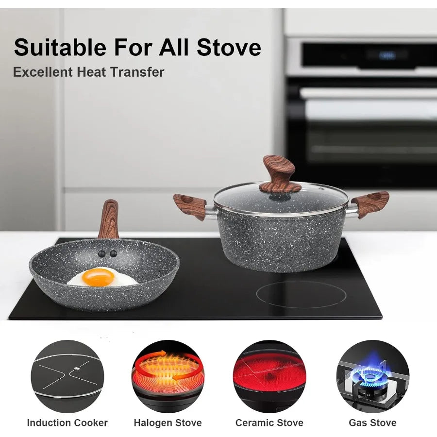 Granite Pots and Pans Set Non Stick 11 Piece DieCast Induction Cookware Set for Home Kitchen Cooking Includes Frying Pans and S