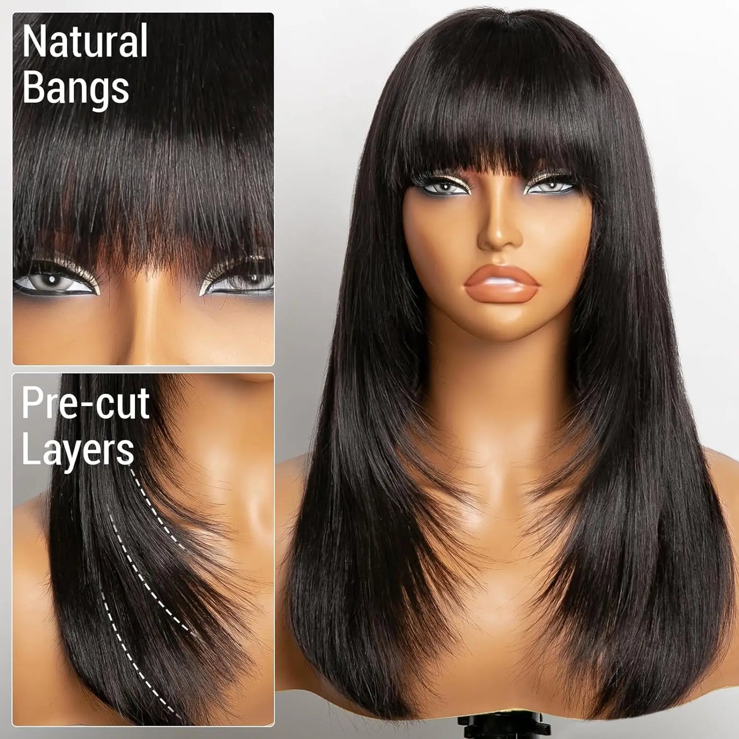 Layered Wigs with Bangs Ready to Go Straight Lace Wig with Bangs Synthetic Natural Layers PrePlucked Heat Resistant Glueless Wig