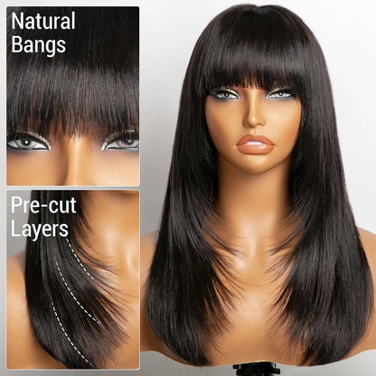 Layered Wigs with Bangs Ready to Go Straight Lace Wig with Bangs Synthetic Natural Layers PrePlucked Heat Resistant Glueless Wig