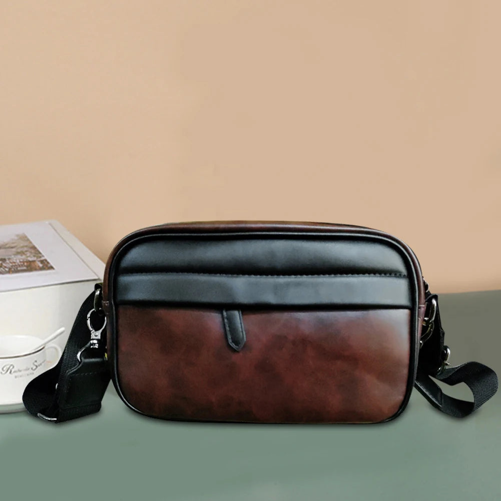 Leather Fashion Crossbody Bag Classic Pattern Casual Business Men Shoulder Crossbody Bag Wide Strap Small Square Male Sling Bags