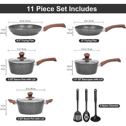 Granite Pots and Pans Set Non Stick 11 Piece DieCast Induction Cookware Set for Home Kitchen Cooking Includes Frying Pans and S