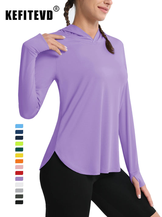 KEFITEVD Summer UPF 80+ Sun Protection T-Shirts Women's Long Sleeve Quick Dry Shirt Hooded Lightweight Thumb Hole Breathable Top