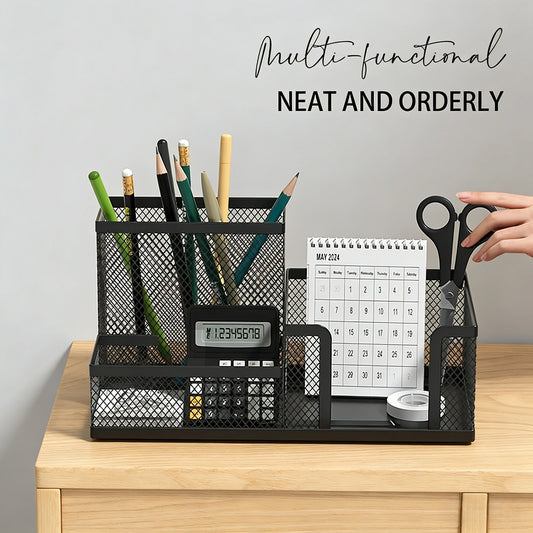 Desktop Accessories Storage Caddy, Black Wire Mesh Desk Organizer with 3 Compartments, Pencil Holder and Storage Baskets