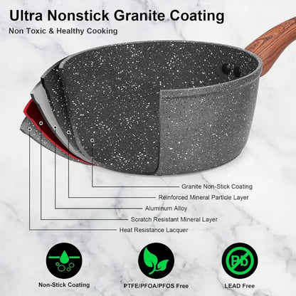 Granite Pots and Pans Set Non Stick 11 Piece DieCast Induction Cookware Set for Home Kitchen Cooking Includes Frying Pans and S