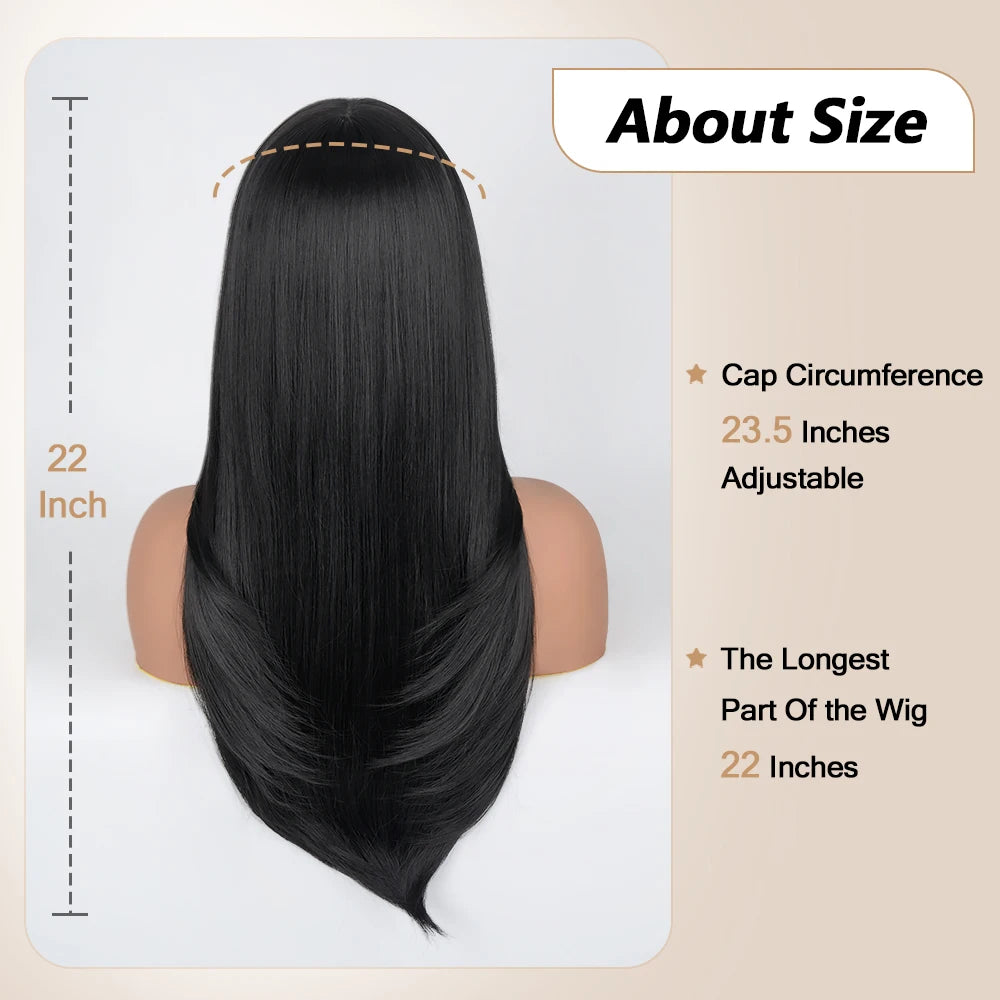 Layered Wigs with Bangs Ready to Go Straight Lace Wig with Bangs Synthetic Natural Layers PrePlucked Heat Resistant Glueless Wig
