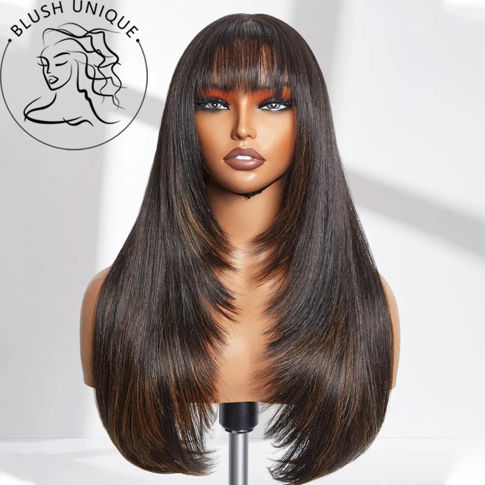 Layered Wigs with Bangs Ready to Go Straight Lace Wig with Bangs Synthetic Natural Layers PrePlucked Heat Resistant Glueless Wig