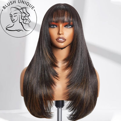 Layered Wigs with Bangs Ready to Go Straight Lace Wig with Bangs Synthetic Natural Layers PrePlucked Heat Resistant Glueless Wig