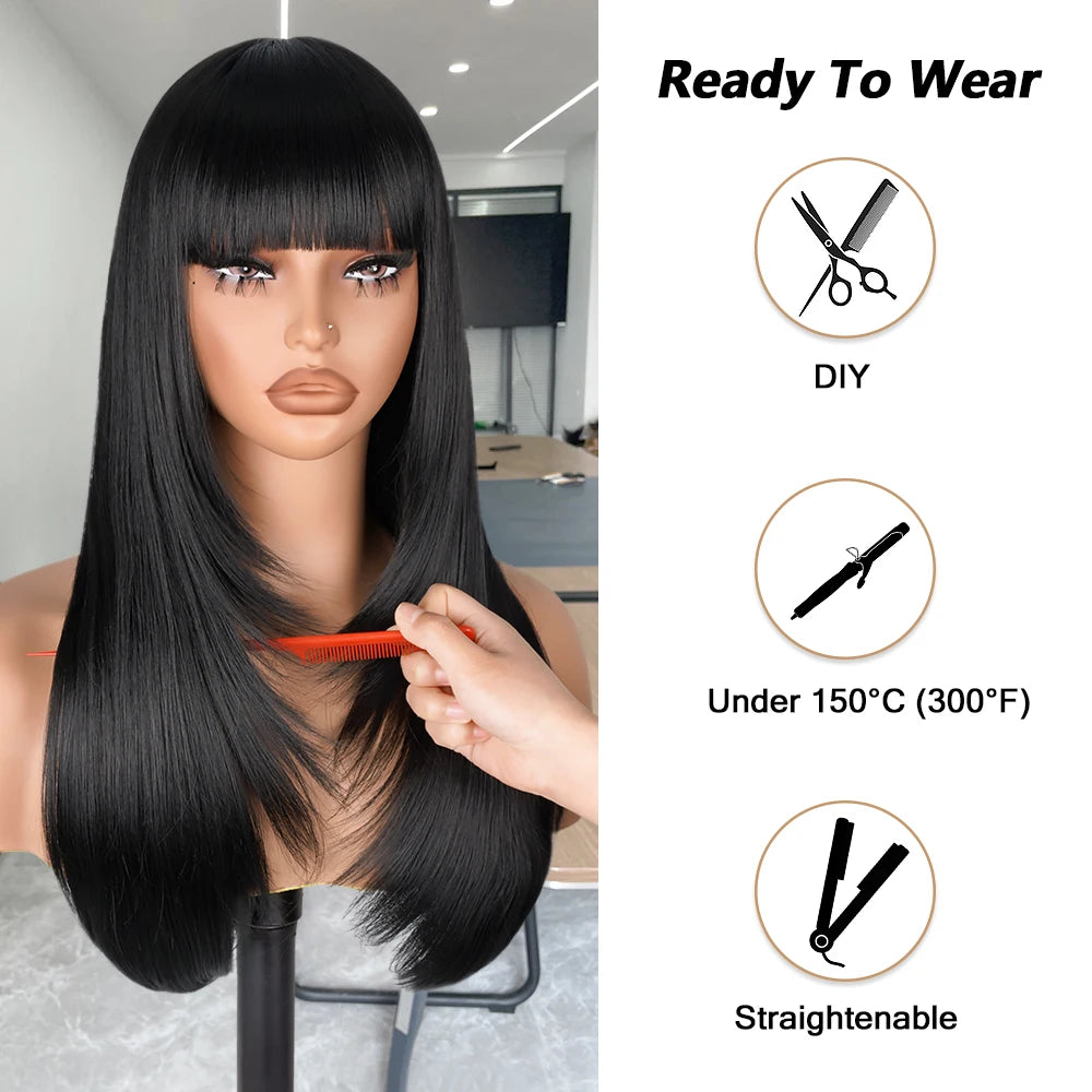 Layered Wigs with Bangs Ready to Go Straight Lace Wig with Bangs Synthetic Natural Layers PrePlucked Heat Resistant Glueless Wig