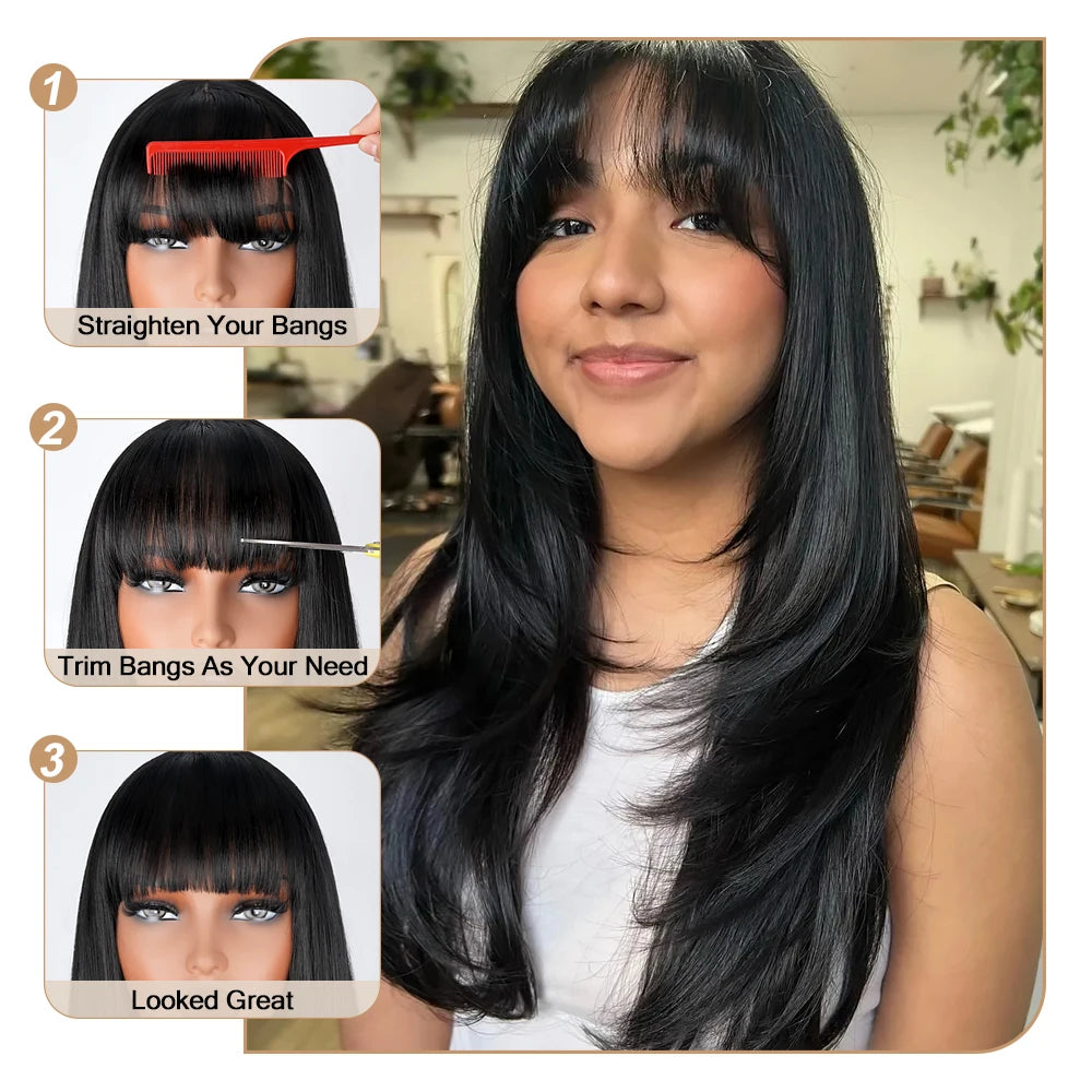 Layered Wigs with Bangs Ready to Go Straight Lace Wig with Bangs Synthetic Natural Layers PrePlucked Heat Resistant Glueless Wig