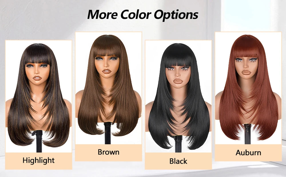 Layered Wigs with Bangs Ready to Go Straight Lace Wig with Bangs Synthetic Natural Layers PrePlucked Heat Resistant Glueless Wig