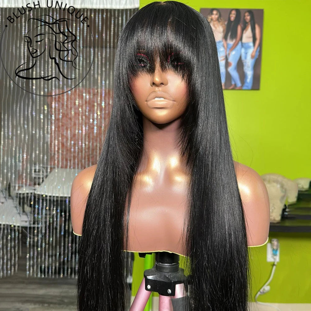 Layered Wigs with Bangs Ready to Go Straight Lace Wig with Bangs Synthetic Natural Layers PrePlucked Heat Resistant Glueless Wig