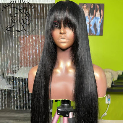 Layered Wigs with Bangs Ready to Go Straight Lace Wig with Bangs Synthetic Natural Layers PrePlucked Heat Resistant Glueless Wig