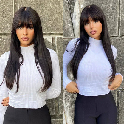 Layered Wigs with Bangs Ready to Go Straight Lace Wig with Bangs Synthetic Natural Layers PrePlucked Heat Resistant Glueless Wig