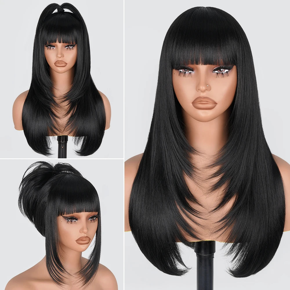 Layered Wigs with Bangs Ready to Go Straight Lace Wig with Bangs Synthetic Natural Layers PrePlucked Heat Resistant Glueless Wig