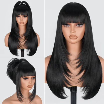 Layered Wigs with Bangs Ready to Go Straight Lace Wig with Bangs Synthetic Natural Layers PrePlucked Heat Resistant Glueless Wig