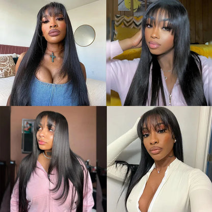 Layered Wigs with Bangs Ready to Go Straight Lace Wig with Bangs Synthetic Natural Layers PrePlucked Heat Resistant Glueless Wig